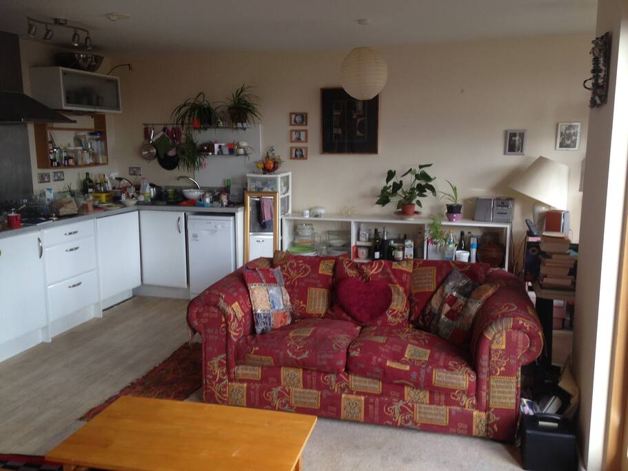 Spacious light-filled living room with two sofas (one visible)