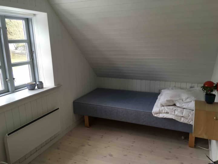 La habitación al atardecer con 2 camas de una plaza.