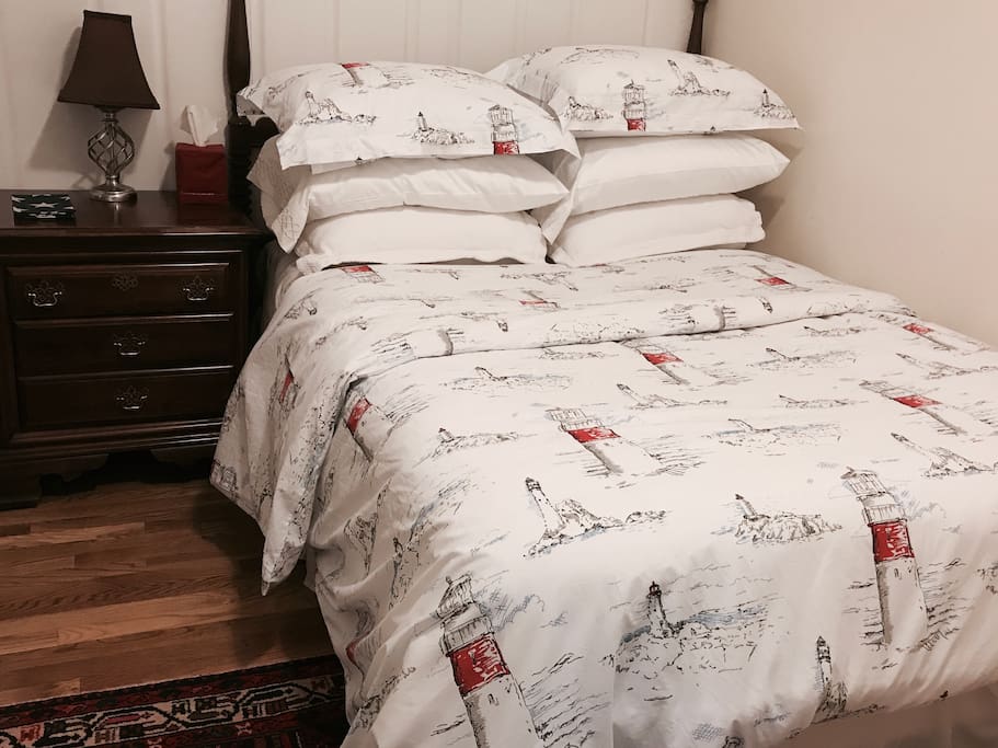 Pottery barn bedding and towels. Lighthouse collection.