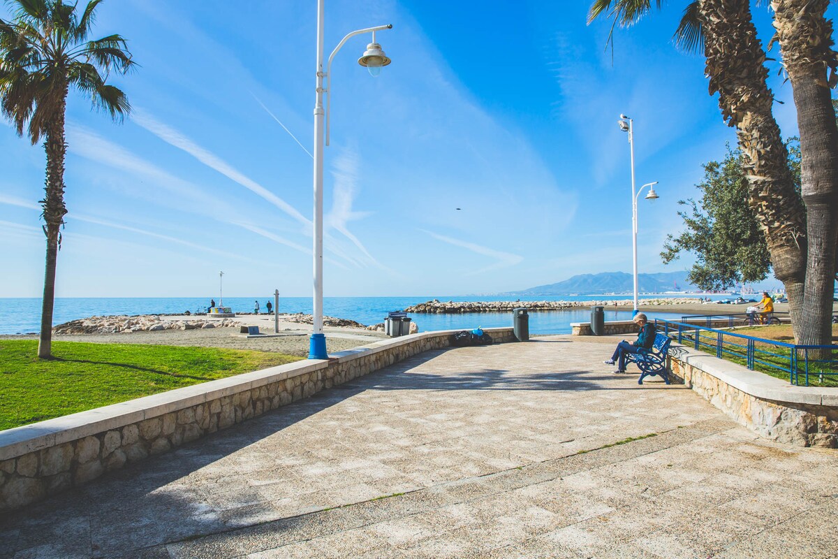 A scenic promenade is depicted, featuring a wide pathway bordered by palm trees. The ocean is visible in the background, with a pier extending into the water. Several benches and light posts are positioned along the pathway under a clear blue sky.