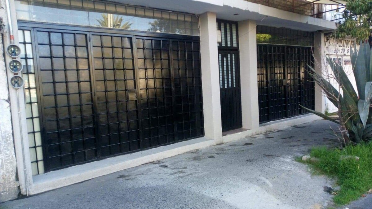 A modest exterior showcases a modern building with large black-gridded windows that provide a distinct architectural style. A simple entrance door is positioned centrally, framed by smooth concrete and greenery, contributing to the relaxed ambiance of the environment.