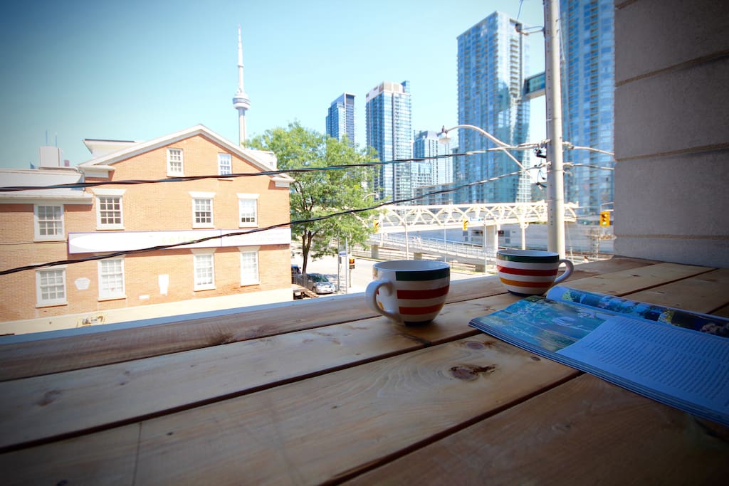 Balcony with wood counter perfect for relaxing outside!