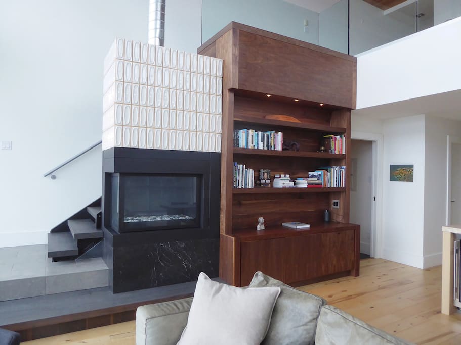 Fireplace and library
