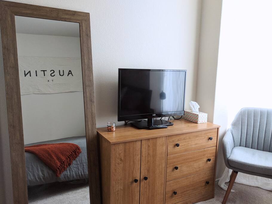 Full length mirror, TV with Amazon Fire Stick + Local channels, and plenty of dresser space to unpack.