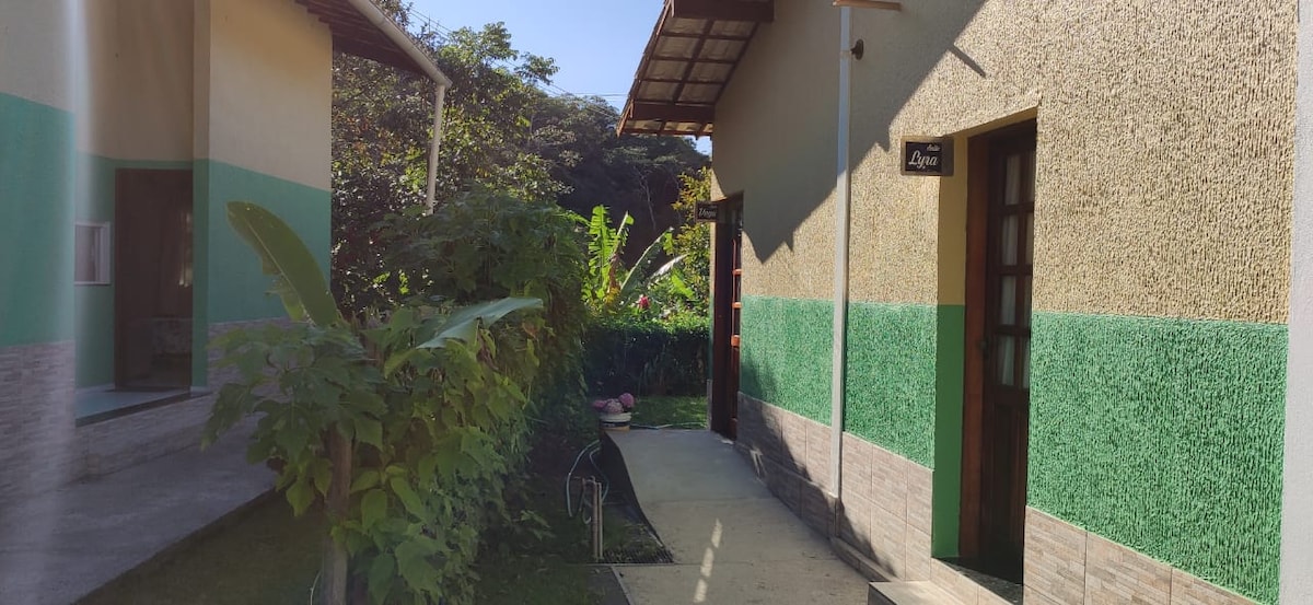 The view shows a pathway leading to two separate entries, framed by greenery and plants. The walls are divided into green and beige sections, while the sunlight enhances the vibrant colors of the surrounding foliage.