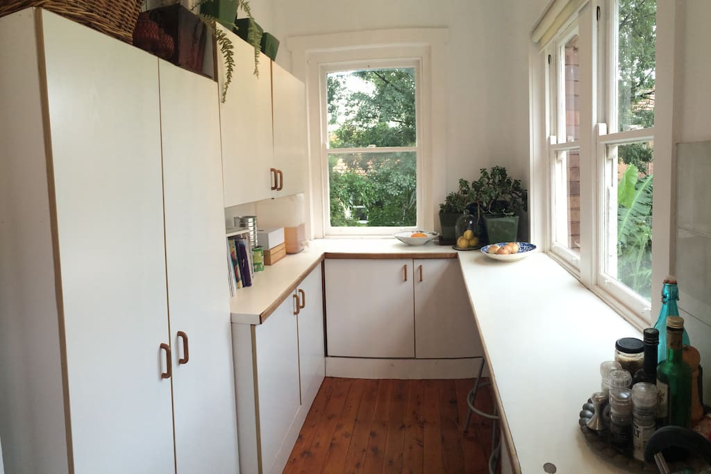 Tidy kitchen with views to the garden.