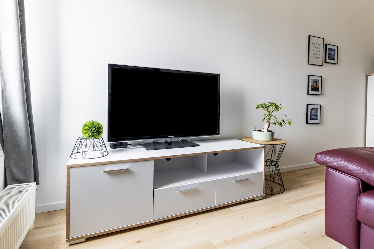 A modern entertainment unit is positioned against a neutral wall, featuring a flat-screen TV atop a multi-drawer cabinet. Decorative items, including a small potted plant and a wire plant stand, add visual interest. Framed pictures are arranged on the wall beside the unit.