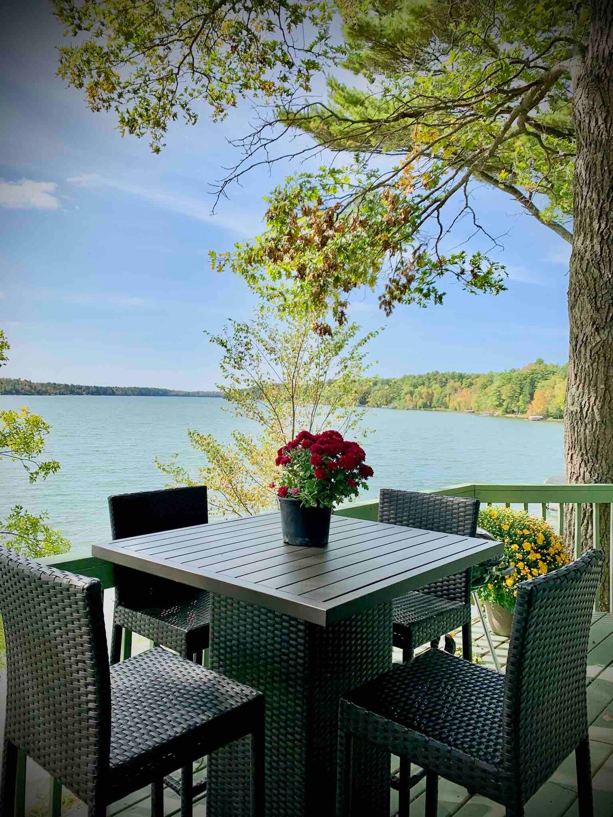 A dining set with six wicker chairs surrounds a dark wooden table, positioned on a deck overlooking the calm waters of Long Lake. Vibrant green trees frame the view, while a potted plant with red flowers enhances the outdoor space.