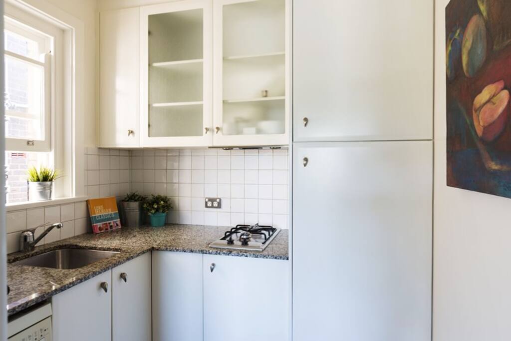 Small working kitchen with gas hob and convection oven/microwave, dishwasher
