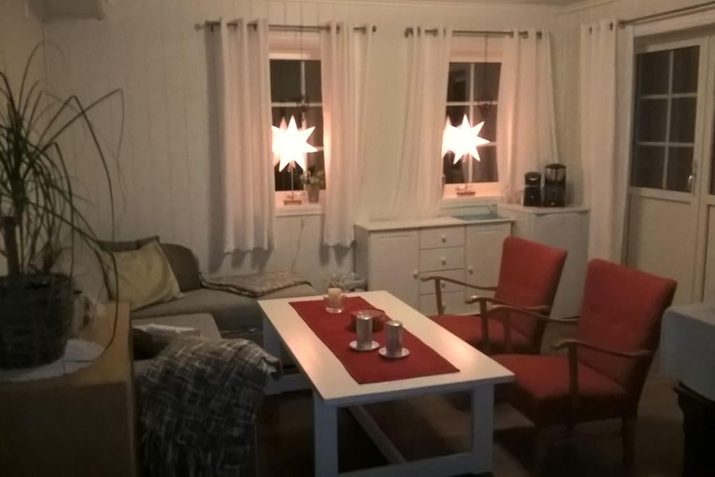 Her ser vi Samme bildet men med mer belysning. Vi ser også at det har et lite kjøleskap, og en liten Brødbenk. Leiligheten har ikke fullverdig kjøkken. Lån av kjøkken må avtales med Huseier.