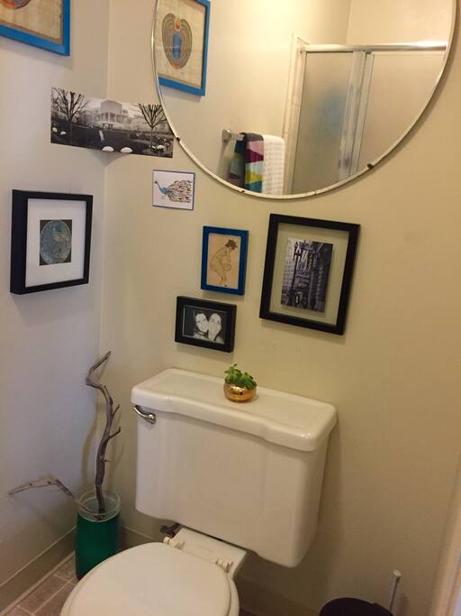 Bathroom and shower with a pocket door to close it off from the sink area