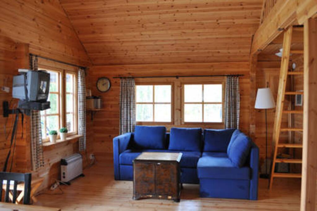 Soffa och stor bildskärm i vardagsrum