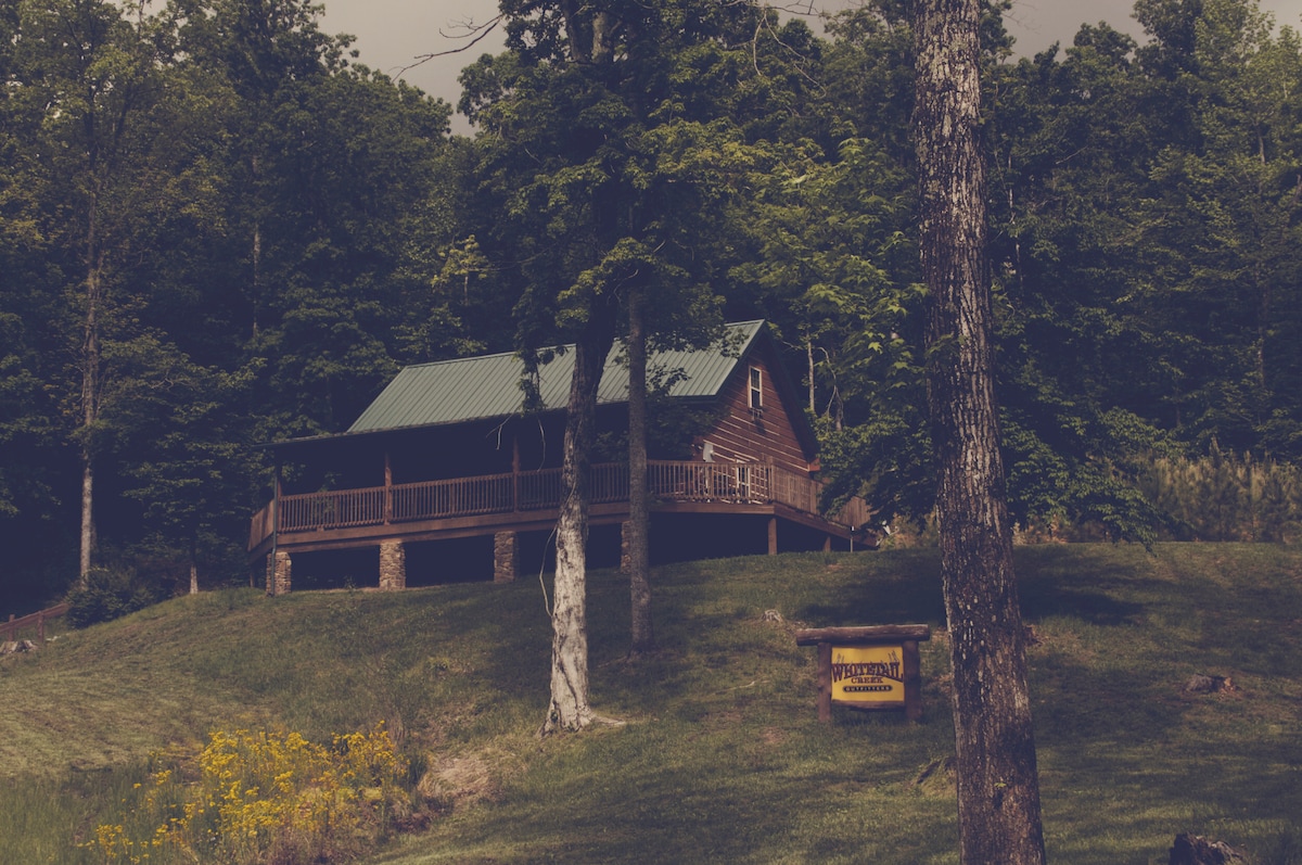 A rustic cabin with a green metal roof is surrounded by lush trees and greenery. A spacious porch extends around the cabin, and a sign indicating the property name is visible in the foreground. Wildflowers bloom on the hillside, adding a natural touch to the landscape.