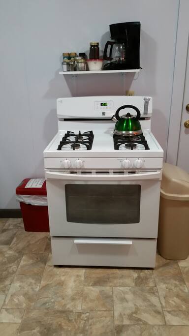 New stove with a tea kettle. Also a coffee pot and spices on shelf above.