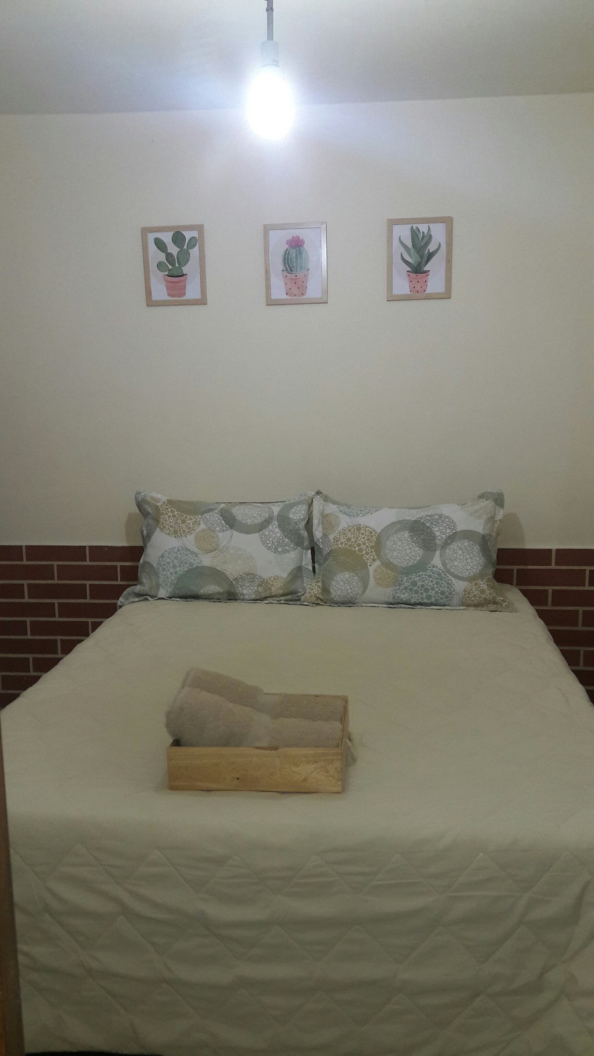 A spacious bed is dressed in a light quilt, complemented by decorative pillows featuring circular patterns. Above the bed, three framed prints of potted cacti add a touch of greenery to the room. A wooden tray holding rolled towels sits at the foot of the bed.