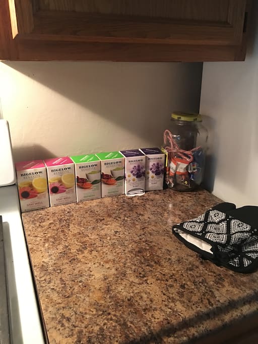 Tea for the guest. A nice variety of herbal organic natural spices to rest by or wake by.
