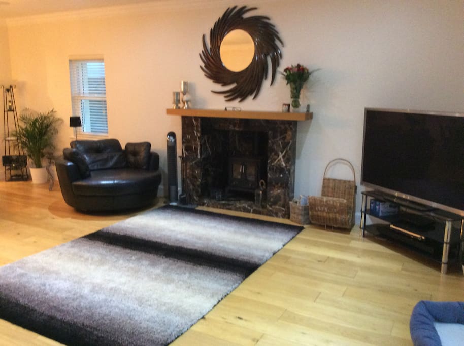 Family living room with log burner and 60" television with Sky
