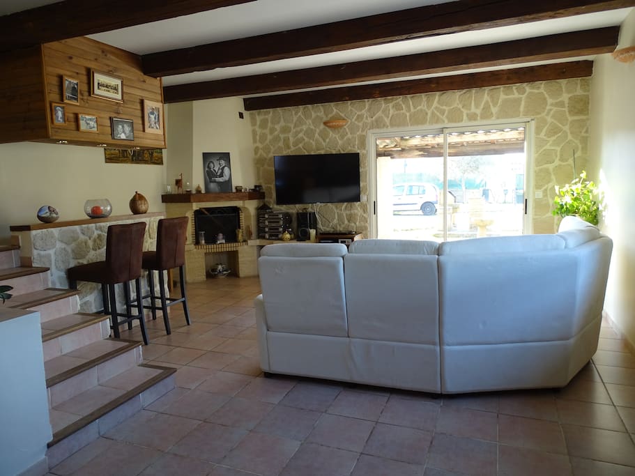 Salon spacieux avec coin bar et TV écran plat, vue sur le jardin