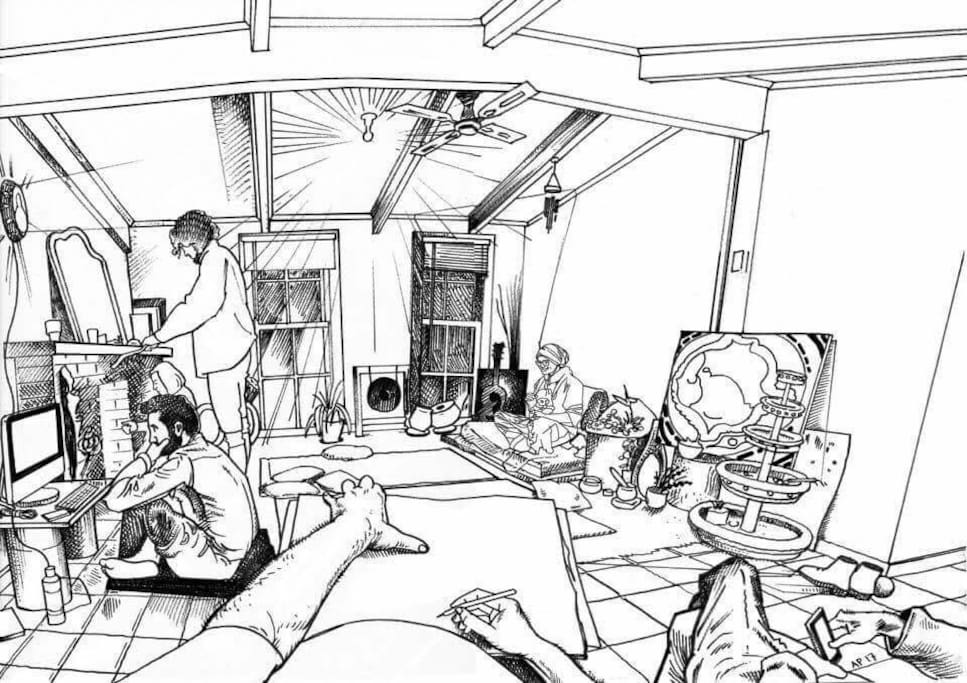 aladdin's cave - illustrated by anton pulvirenti while chillaxing in aladdin's cave with (left-to-right) david, sandra, tom, anton, angela, and mystery mobile phone-holding person...