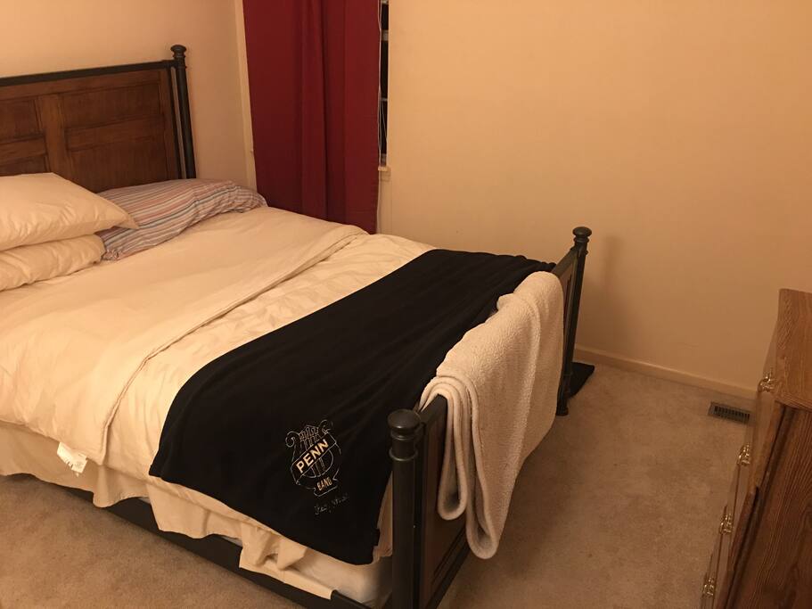 The bedroom includes a queen size bed, closet, and small dresser