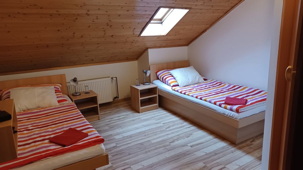 The sleeping area features two single beds with striped red and white linens. Each bed is accompanied by a nightstand and lamp. A skylight allows natural light to brighten the room, complementing the wooden ceiling and floor.