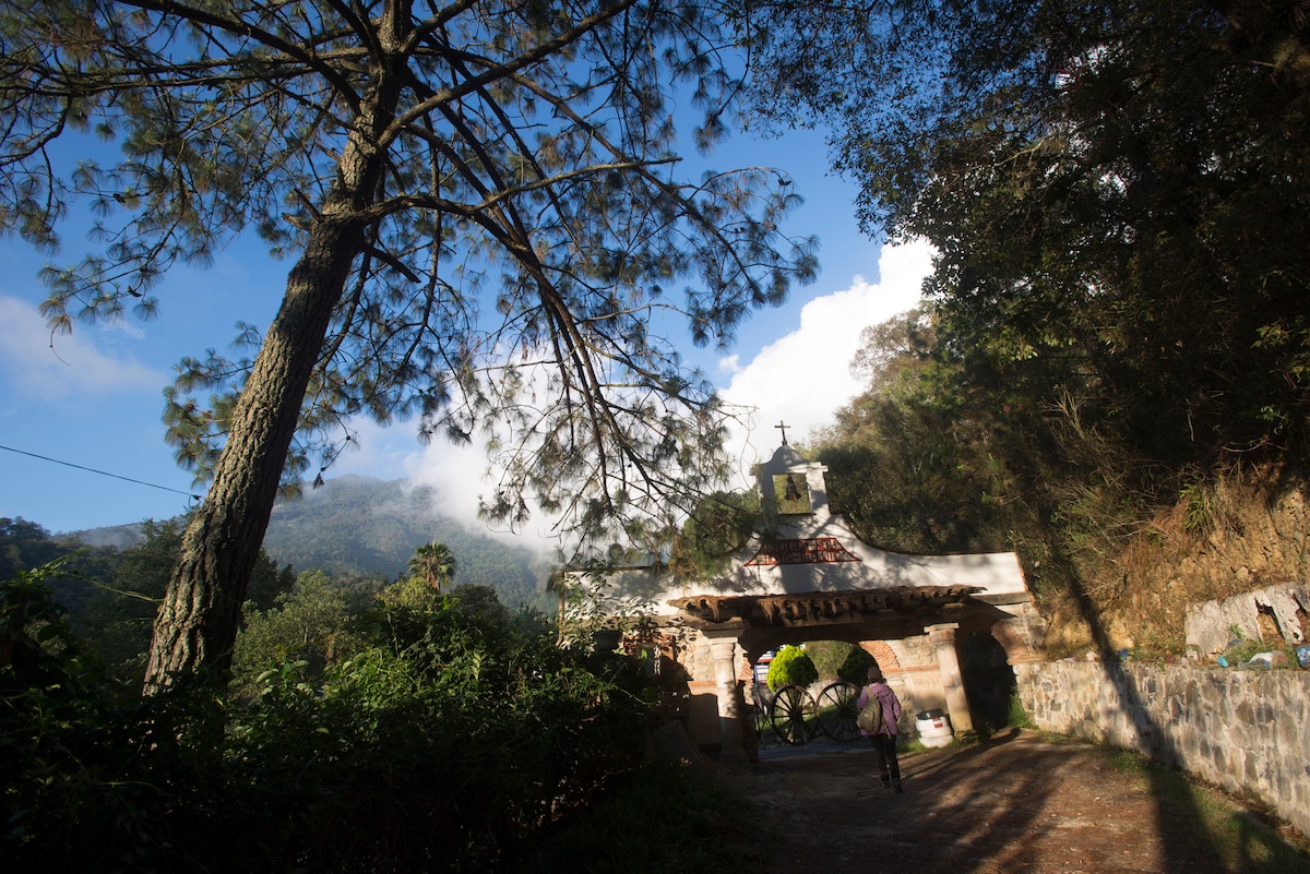 An archway marked by a small bell tower greets visitors, surrounded by tall trees and lush greenery. A dirt path leads towards the entrance, where gentle morning light highlights the mountains in the background, creating a serene atmosphere.