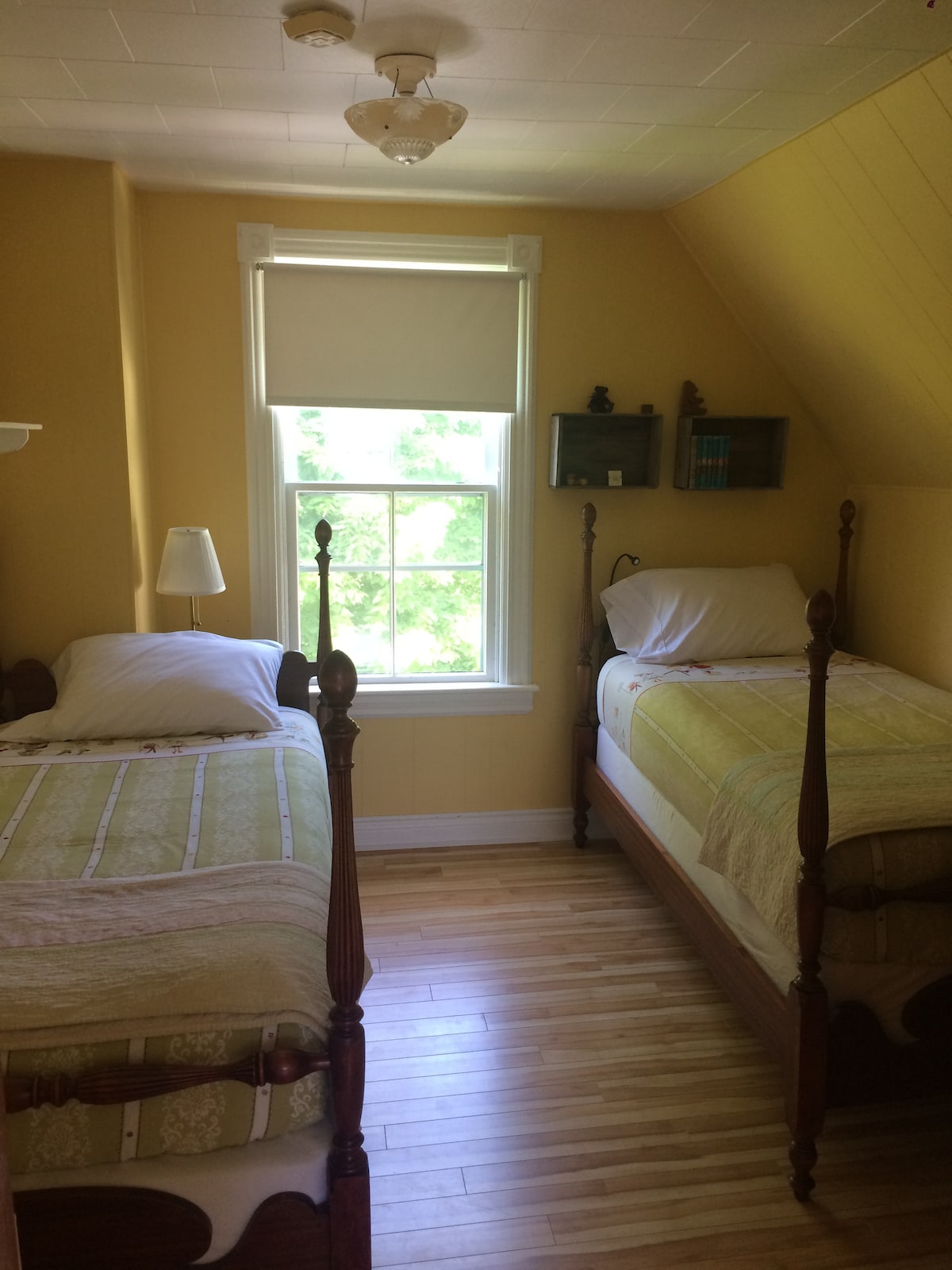 חדר דייזי, שתי מיטות יחיד עתיקות עם שידה עתיקה.