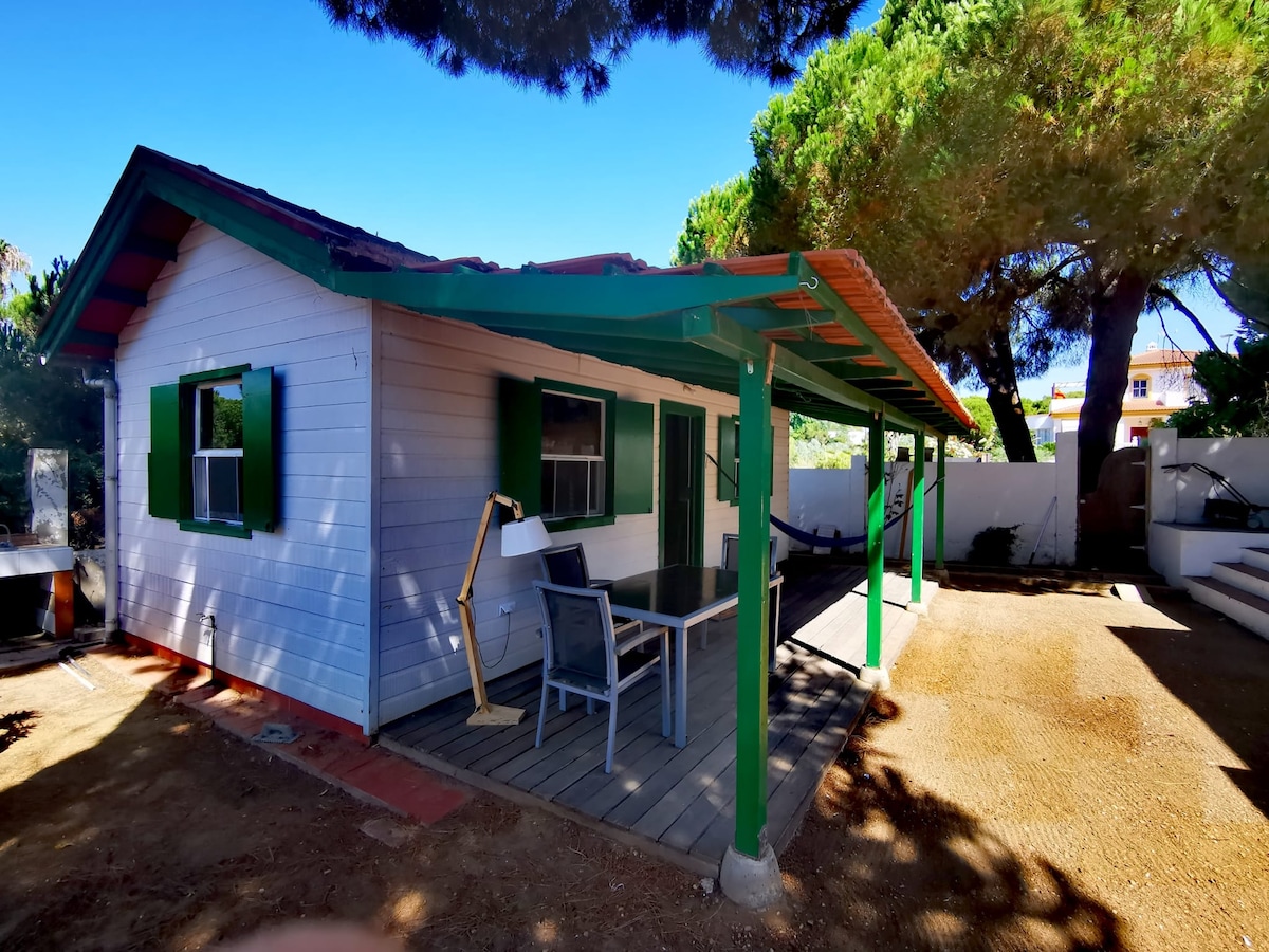 A quaint wooden apartment exterior is shown, featuring green shutters and a covered porch. A table with chairs is placed on the porch, alongside a modern lamp. Surrounding trees provide shade, enhancing the serene atmosphere of the property.