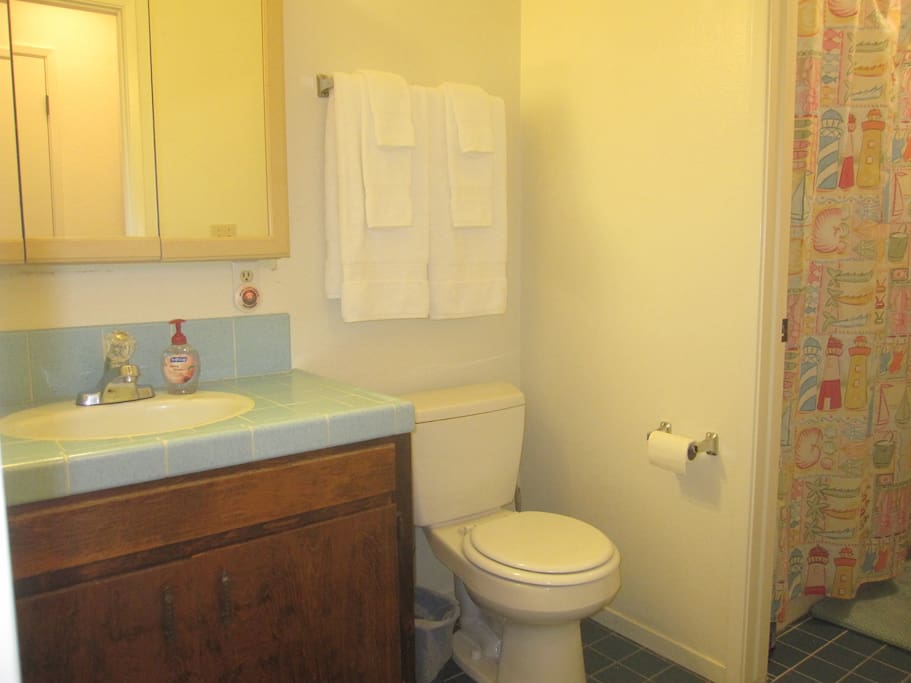 Private half bath with essentials; shared tub/shower.