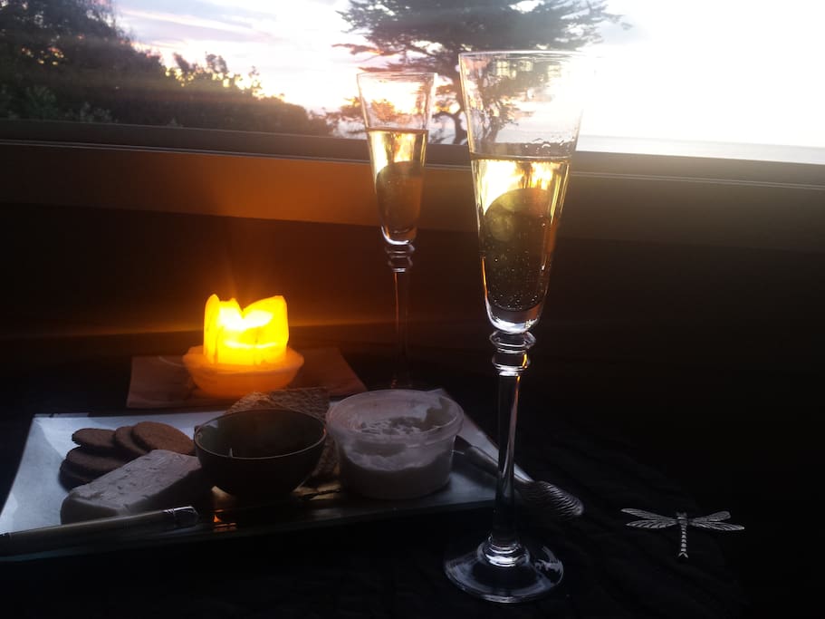 Chilling out at the end of the day with snacks, watching the sun go down. Plenty of candles