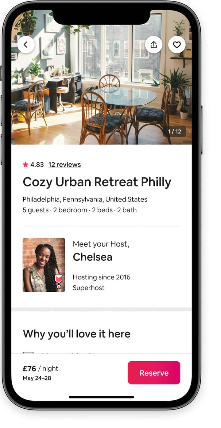 A guest checkout screen from the Airbnb app with a photo of a kitchen, host details and a “Reserve” button.