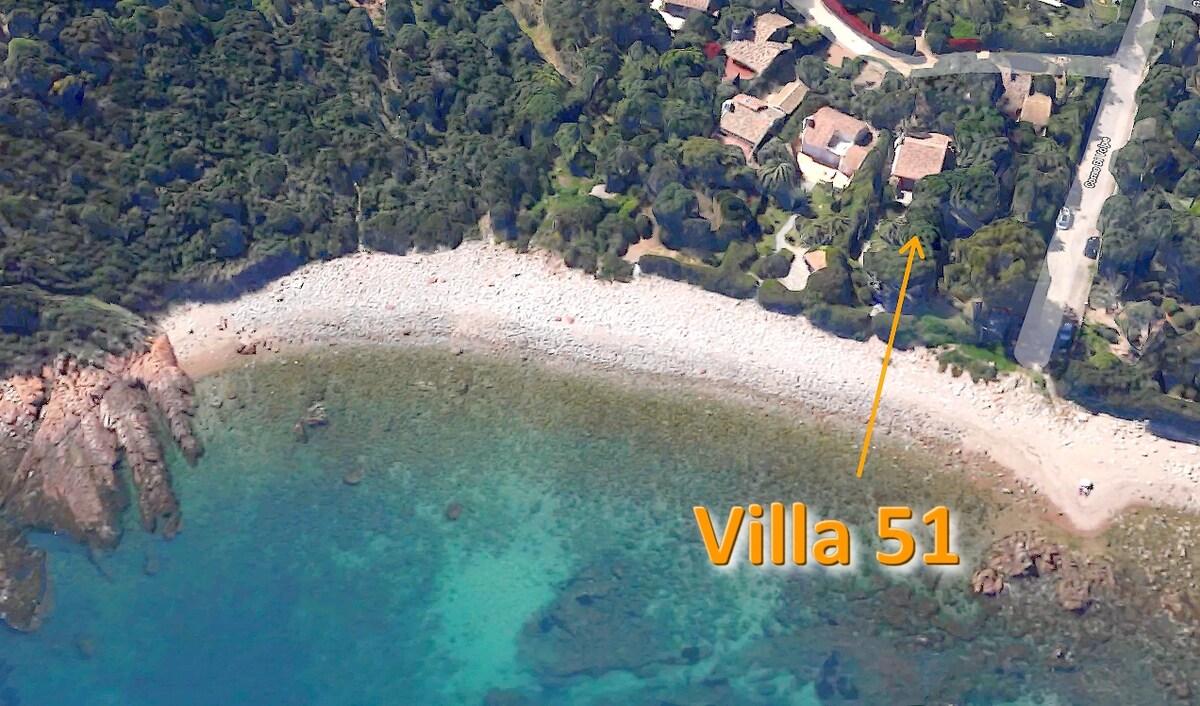 An aerial view captures a scenic coastline with soft sandy shores meeting clear turquoise waters. The villa, labeled 'Villa 51,' is positioned near the beach, bordered by lush greenery and neighboring residences, illustrating a serene environment for visitors.