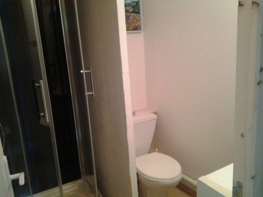 Salle de bains avec cabine de douche, WC et lavabo