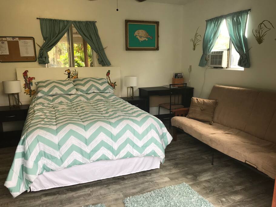 Here is your room. Separate from the main house. Queen bed and futon sofa that opens to a full size bed.