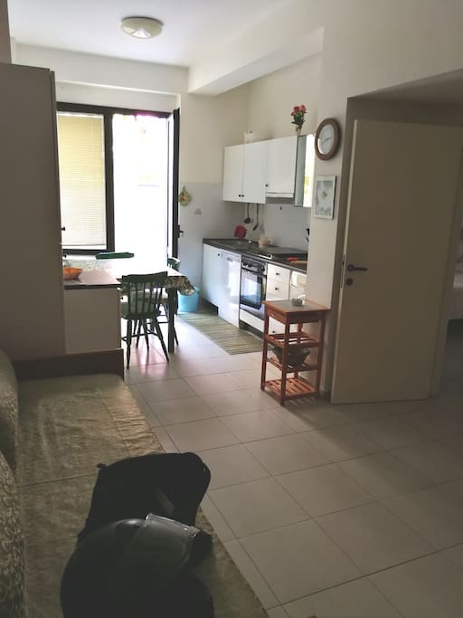 Soggiorno con divano letto e cucina