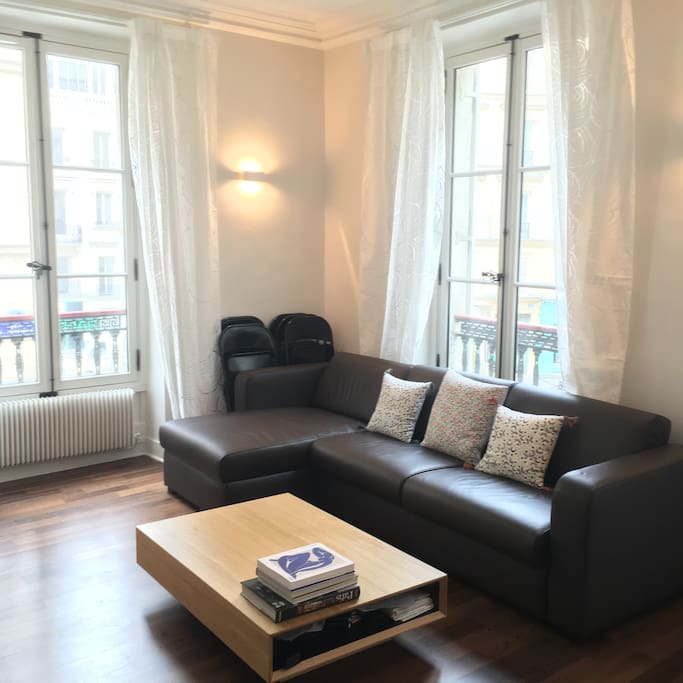 View of the living room with fantastic light, newly refurbished hardwood floors,
and new leather sofa bed.