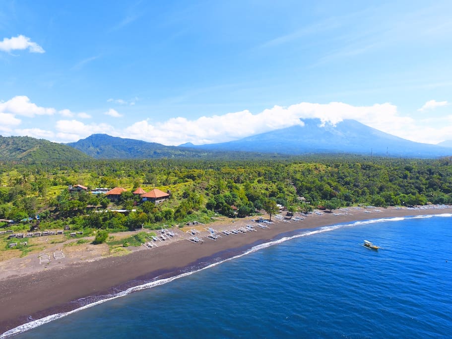 our resort from the air with Mt. Agung view and ocean view
