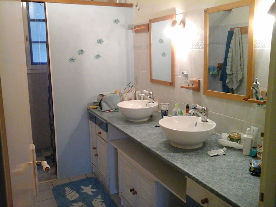 Salle de bain douche, double vasque.