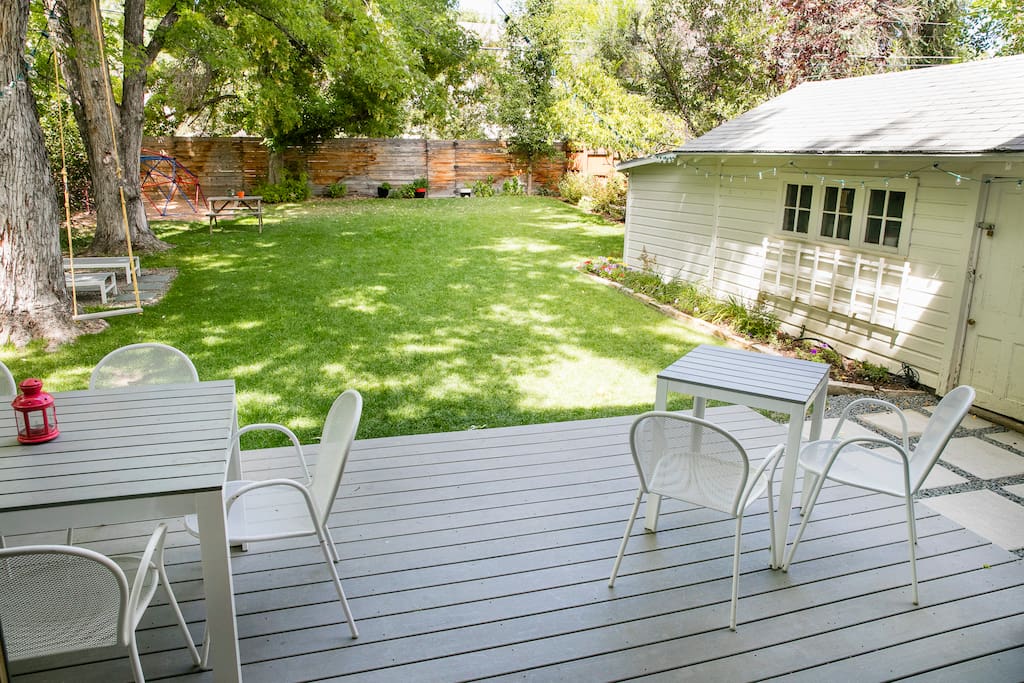 The deck has a bbq, tables and seating for 8, and is a great place for family meals.