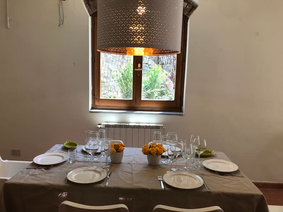 dalla finestra vicino al tavolo da pranzo, la vista sugli oleandri rosa.