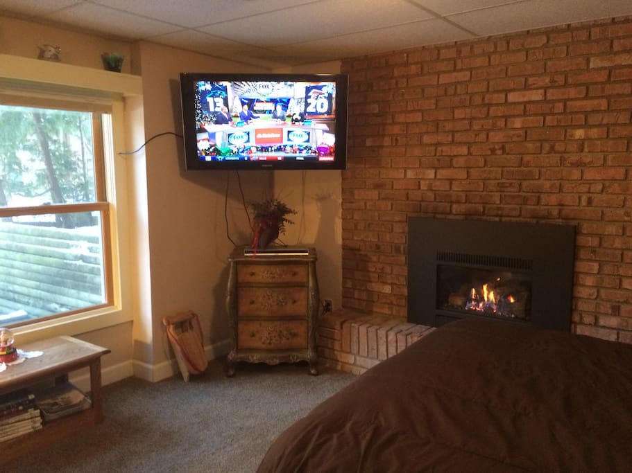 Large room with gas fireplace, large screen TV and view of wooded lot.