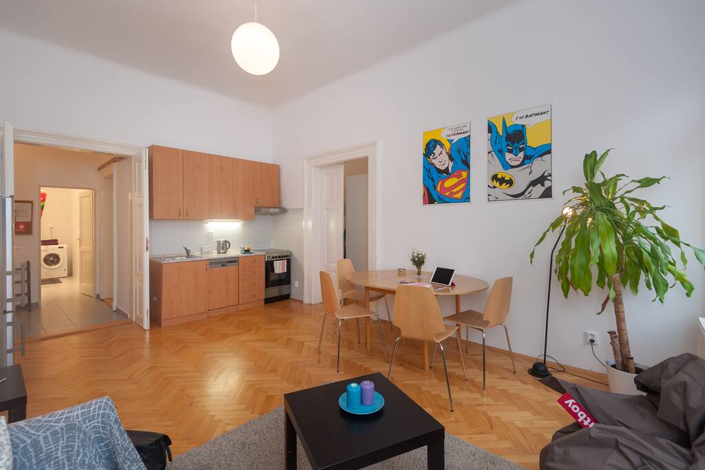 Kitchen + dining table and living room
