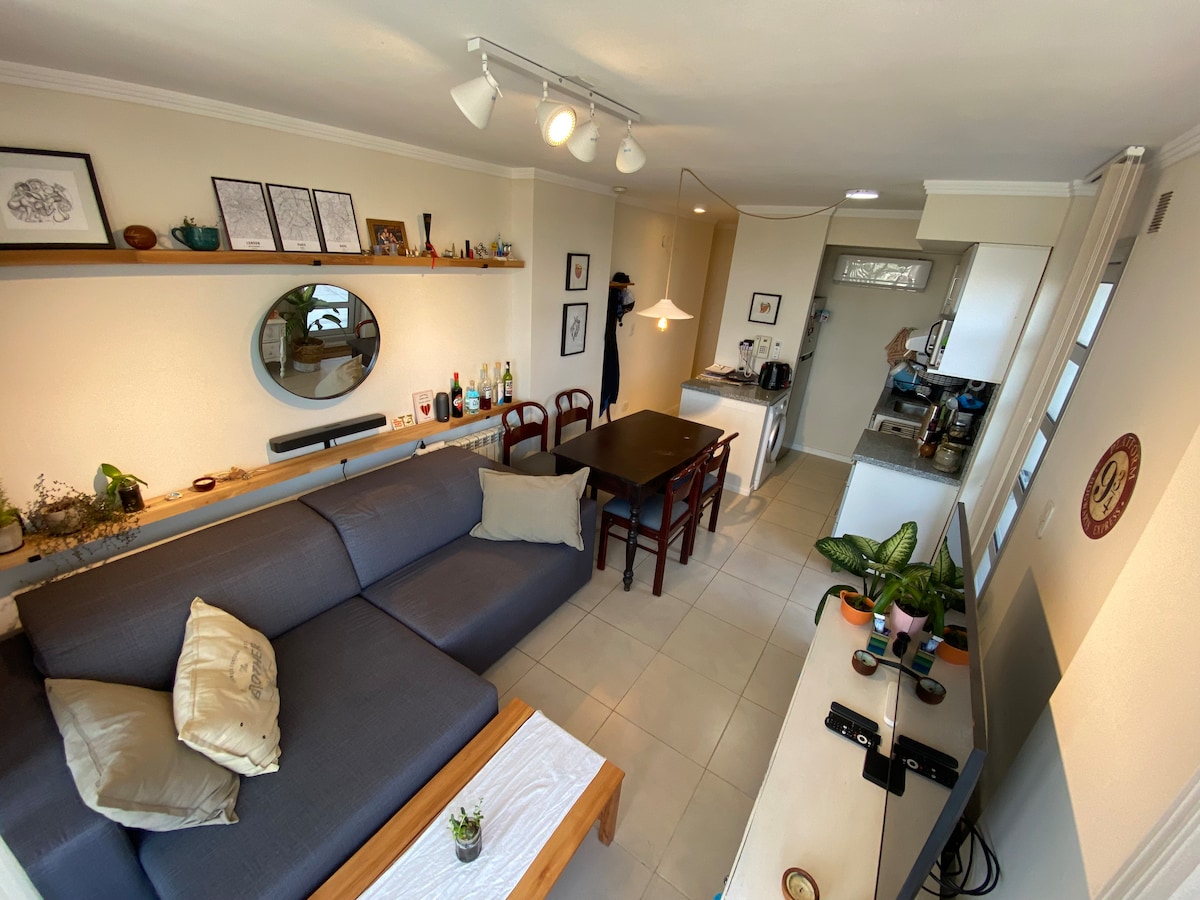 A modern living space is visible, featuring a comfortable gray sofa adorned with a decorative pillow. A dining table with several chairs is situated nearby. A wall shelf holds various decorative items, and a plant adds a touch of greenery. The kitchen area includes light cabinetry and appliances.