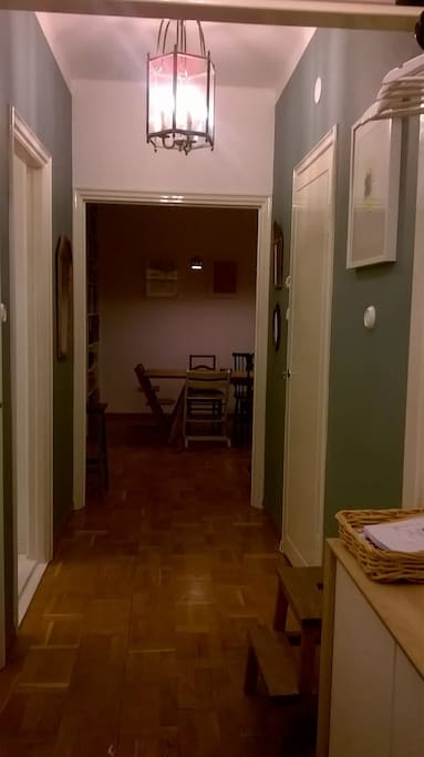 Hallway, kitchen to the left, bathroom to the right.