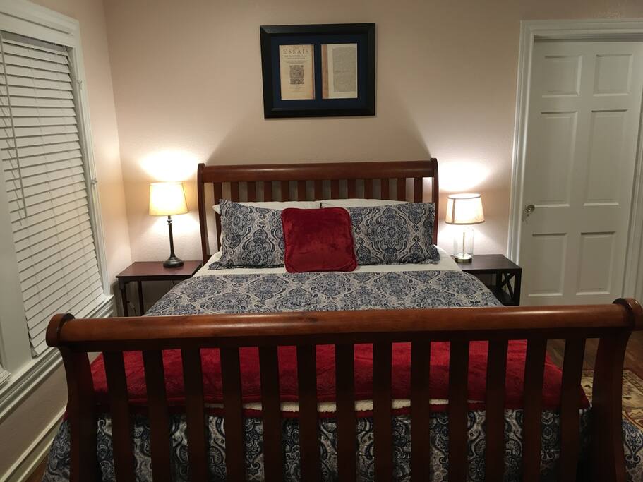 The queen bed comfortably sleeps two.