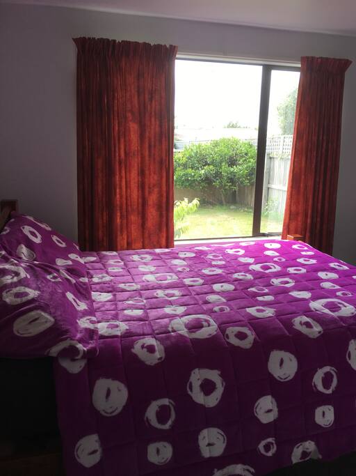 Double bed and wardrobe with shelves