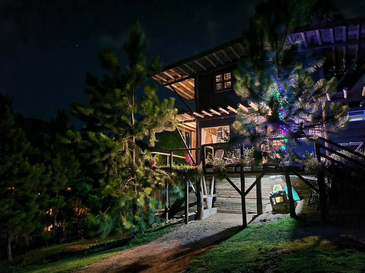 The rustic cabin is depicted at night, with soft lighting highlighting its wooden structure. Green trees frame the entrance, while a pathway leads up to the porch. A faint glow from inside suggests a welcoming atmosphere, and a decorative element can be seen on one of the trees.