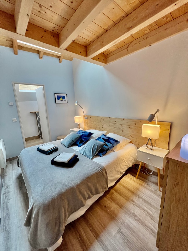 Chambre Piste Bleue et salle de bain attenante avec douche et wc 
Un lit double ou 2 lits simples