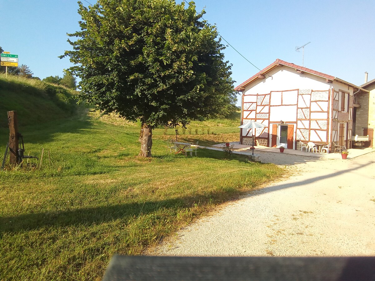 A traditional house is featured with timber framing and a spacious outdoor area. A large tree offers shade, while a gravel path leads to the entrance. The surrounding landscape is open and green, with fields visible in the background.