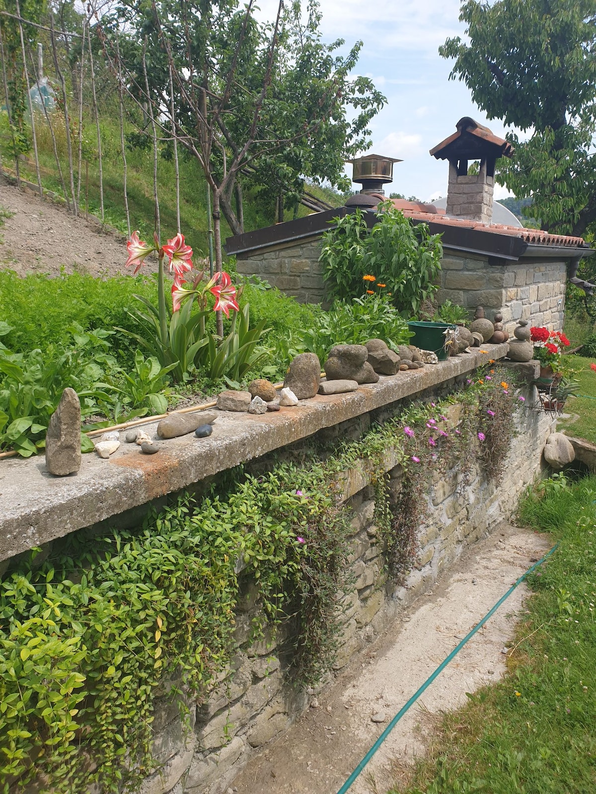 A stone wall is adorned with various plants and flowers. Notable features include blooming lilies and decorative stones arranged along the top. In the background, a building with a chimney is partially visible, surrounded by greenery and trees.